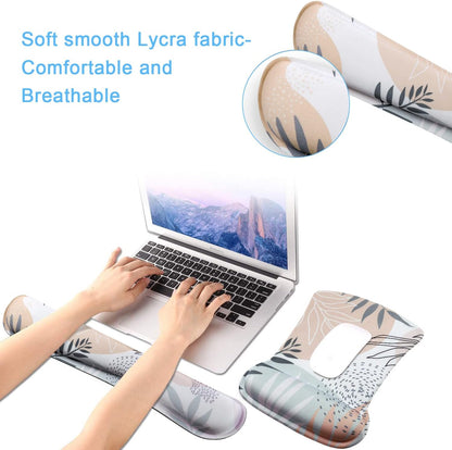 Keyboard Wrist Rest Pad and Mouse Wrist Rest Support Mouse Pad Set, Non Slip Rubber Base Wrist Support with Ergonomic Raised Memory Foam for Easy Typing & Pain Relief, Tropical Leaves