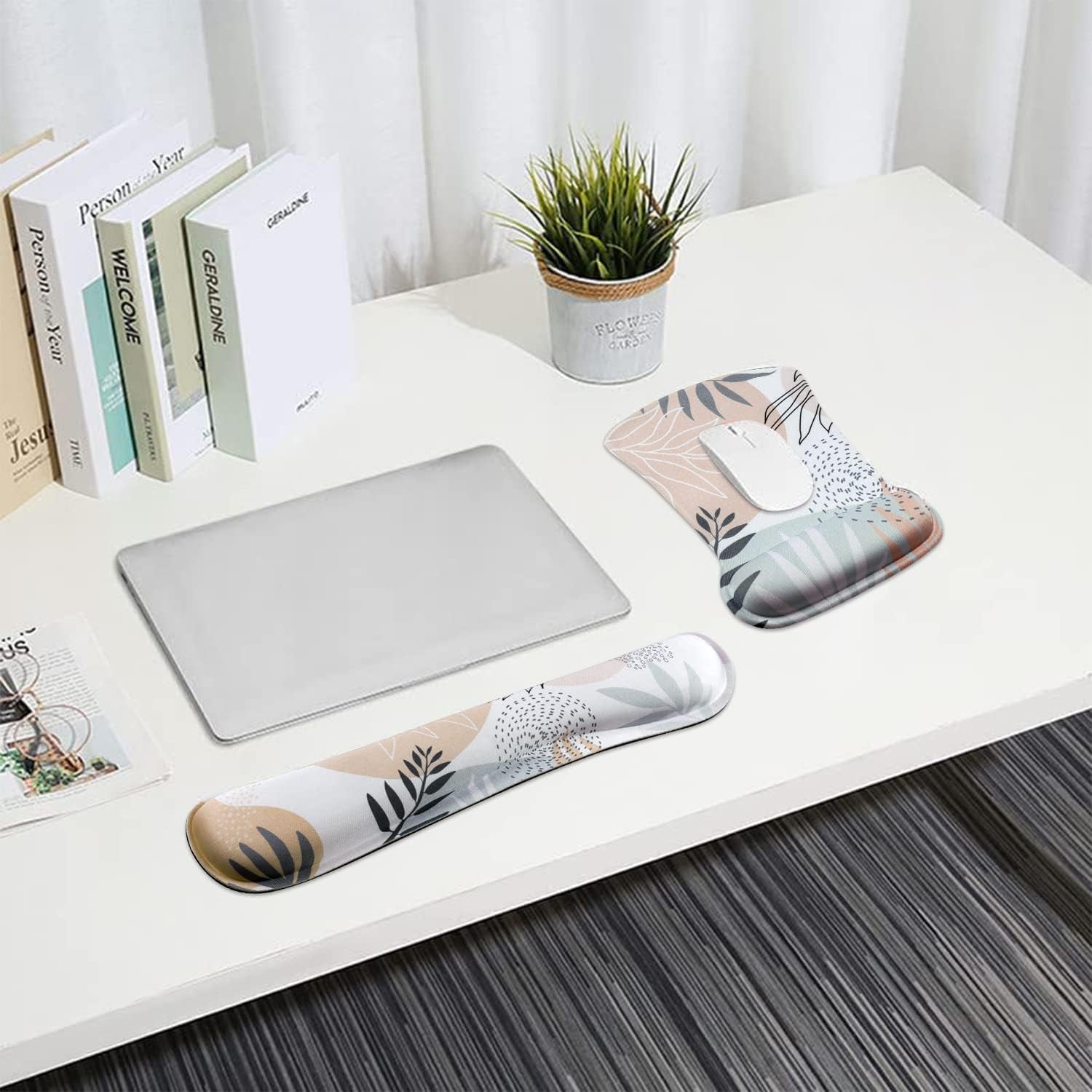 Keyboard Wrist Rest Pad and Mouse Wrist Rest Support Mouse Pad Set, Non Slip Rubber Base Wrist Support with Ergonomic Raised Memory Foam for Easy Typing & Pain Relief, Tropical Leaves