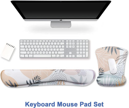 Keyboard Wrist Rest Pad and Mouse Wrist Rest Support Mouse Pad Set, Non Slip Rubber Base Wrist Support with Ergonomic Raised Memory Foam for Easy Typing & Pain Relief, Tropical Leaves